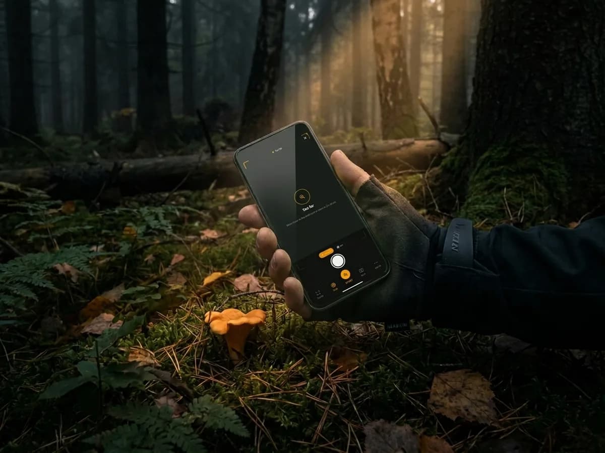 A phone above leaf litter outlining a hidden porcini with an AR contour