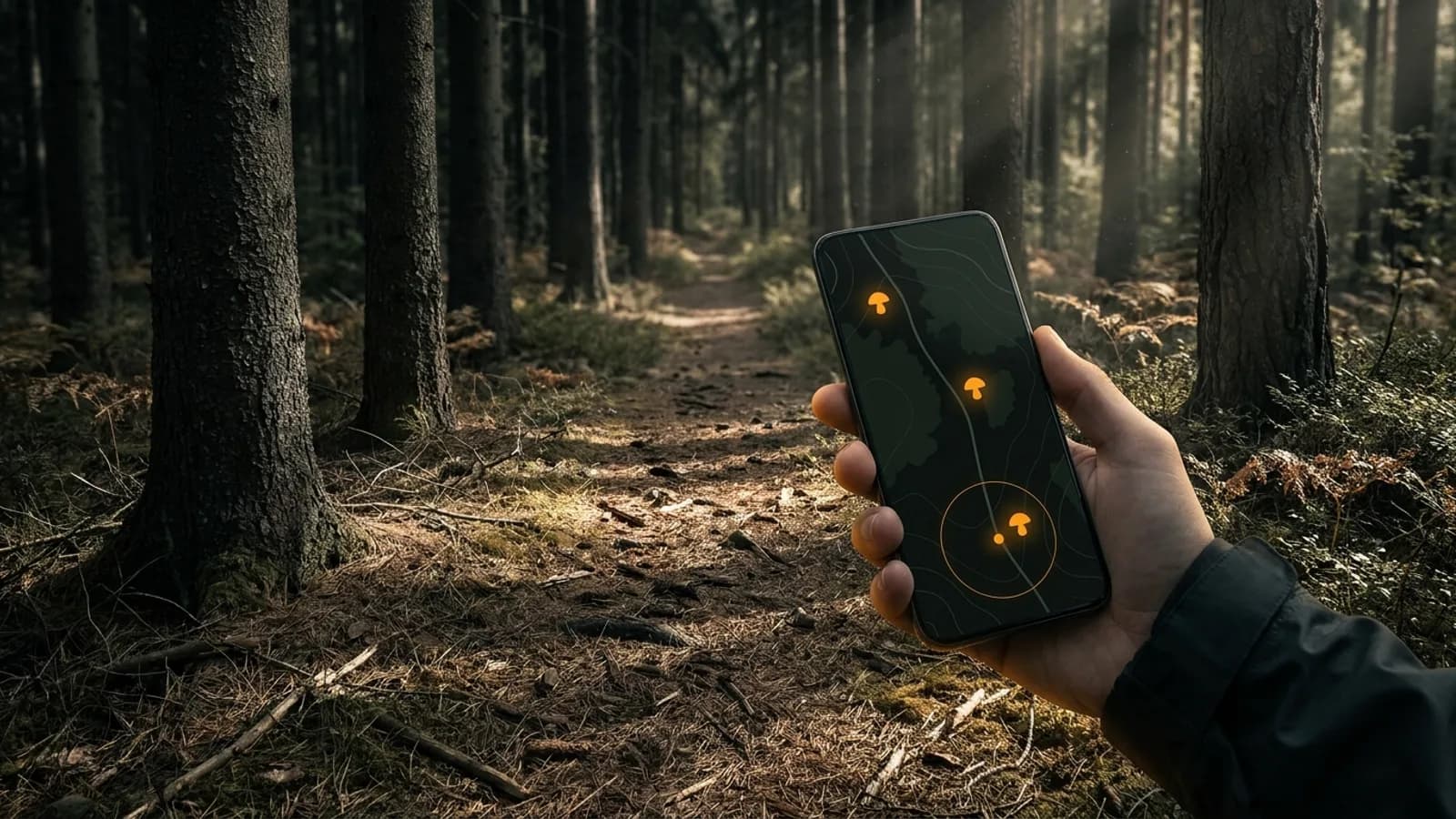 Dłoń z telefonem na leśnej ścieżce. Na ekranie mapa okolicy z bursztynowymi znacznikami wirtualnych okazów, a na ściółce nie rośnie ani jeden grzyb.