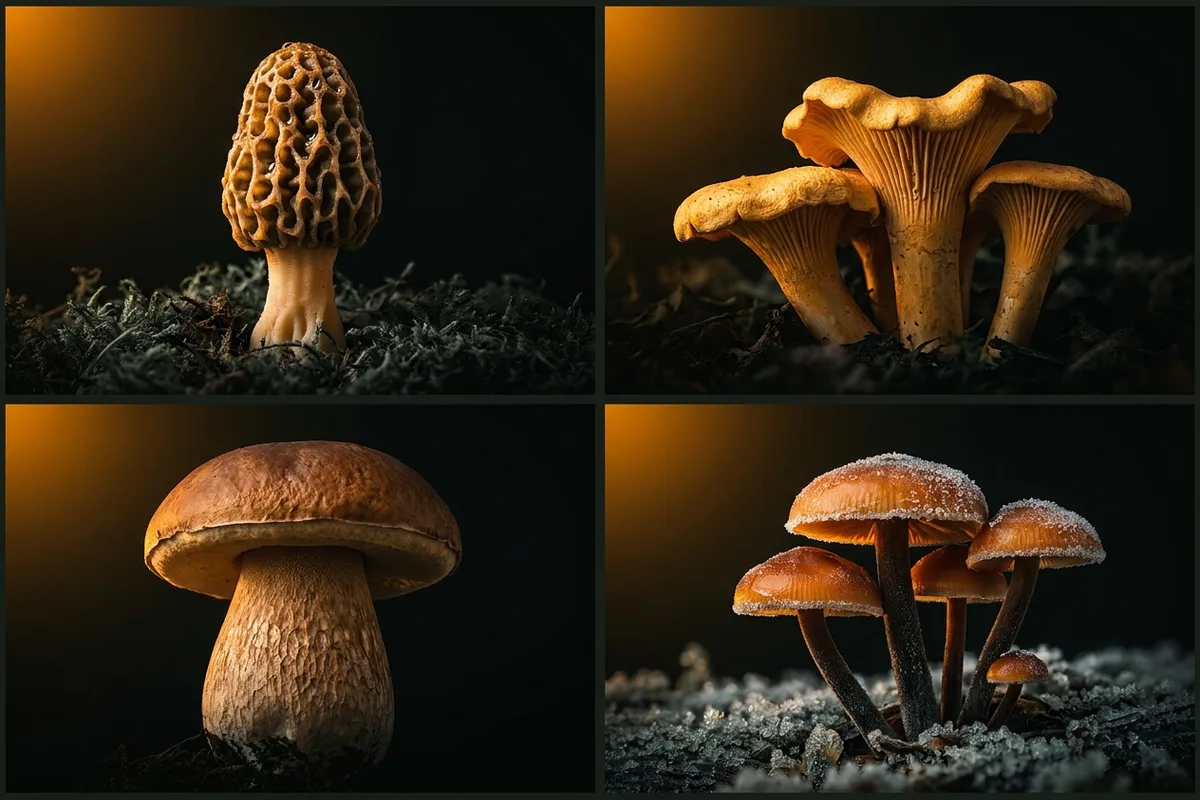 Cztery pory roku grzybobrania, koło sezonowe w stylu botanicznej planszy